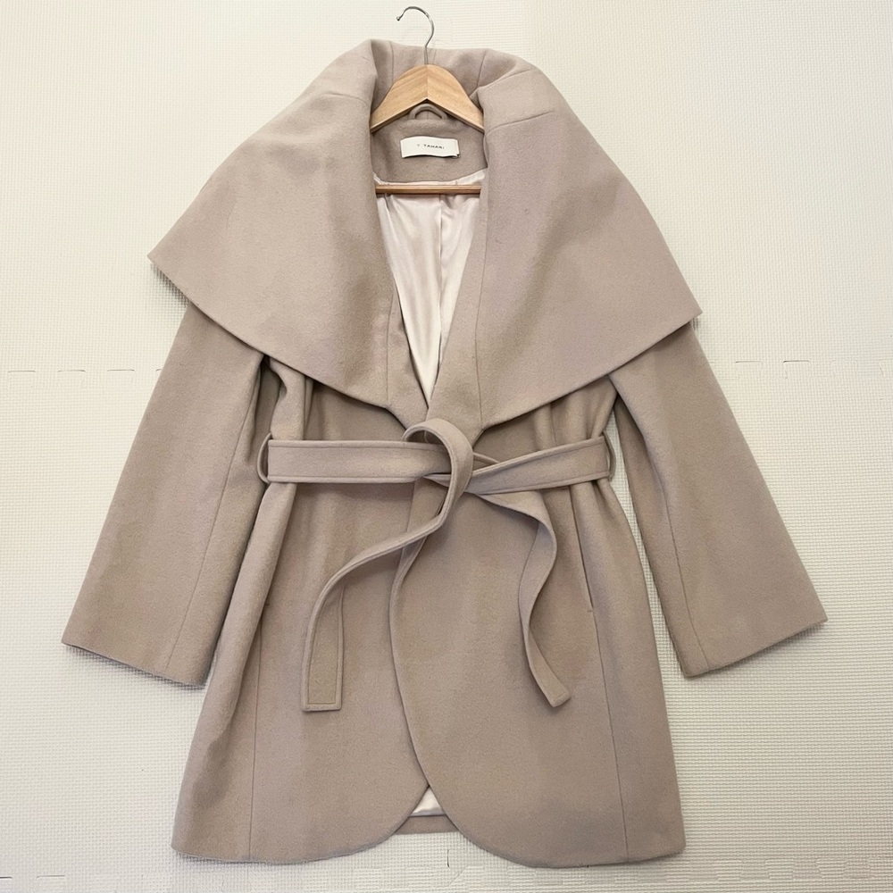T Tahari Wool Blend Wrap Coat Shawl Collar Belted Women’s Size L